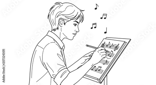Young Male Musician Composing Music Notes on Sheet Paper