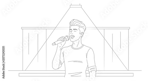 Young Male Singer Performing on Stage Line Art