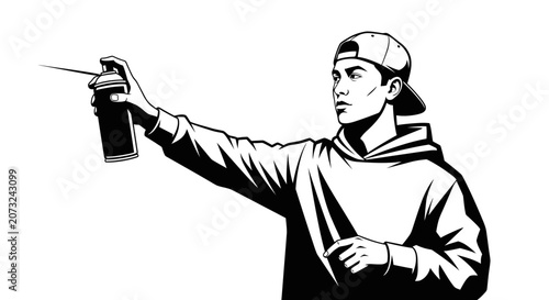 Young Male Street Artist Using Spray Paint Vector Illustration