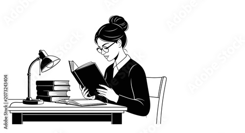Young Woman Studying with Books and Desk Lamp Line Art Illustration