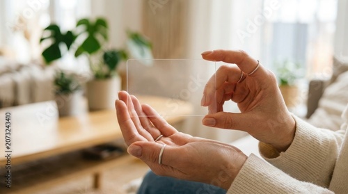 Woman holding a small transparent sheet of plastic or glass in her hands indoors