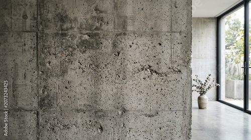 Raw concrete wall texture in modern minimalist interior with potted plant