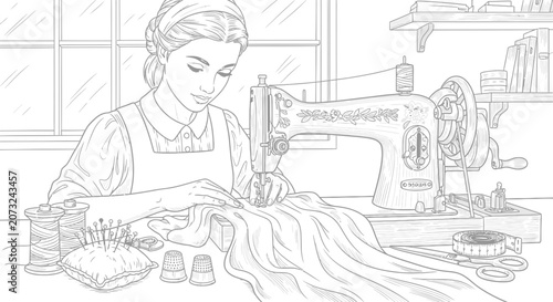 Young Woman Sewing with Vintage Machine Coloring Page