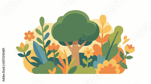 A vibrant illustration of a tree surrounded by lush foliage and colorful flowers