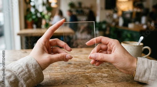 Hands holding a small square glass plate on a wooden table in a cafe