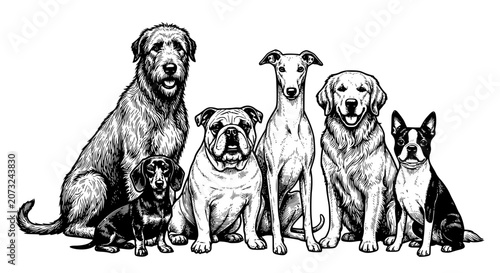 Foto group of dogs, multiple dog breeds, golden retriever, bulldog, greyhound, boston