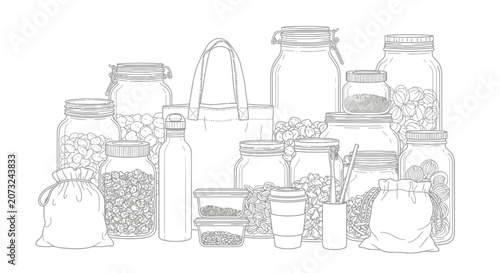 Zero Waste Sustainable Living Line Art Illustration