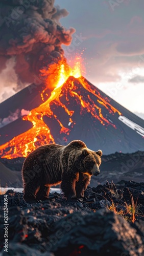 A bear stands in the foreground with a volcano erupting behind it.