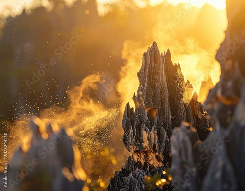 Jagged rock formations illuminated by golden sunset light with swirling dust particles.