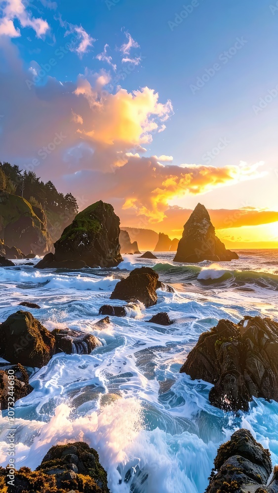 Naklejka premium Dramatic sunset over a rocky coastline with crashing waves.
