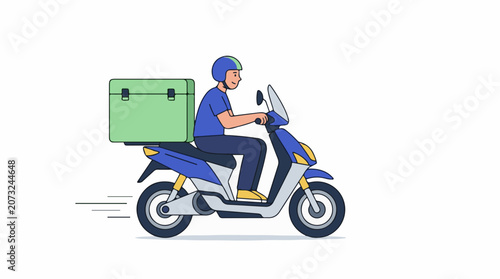 A delivery person rides a blue scooter with a green package