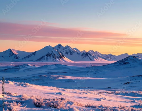 A majestic snowy mountain range bathed in the soft hues of dawn or dusk.