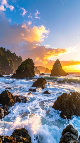Dramatic sunset over a rocky coastline with crashing waves.
