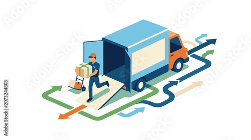 A delivery man in a blue uniform and orange cap carrying boxes to a large blue truck