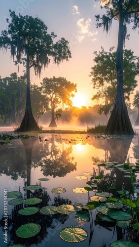 Sunrise over a misty bayou with cypress trees and lily pads.