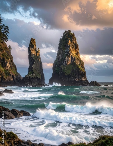Dramatic sea stacks rise from the ocean with crashing waves under a cloudy sky.