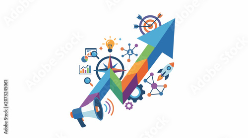 A colorful infographic with a megaphone and various icons