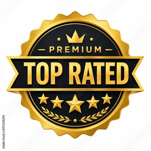 Premium top rated gold badge with five stars and laurel wreath