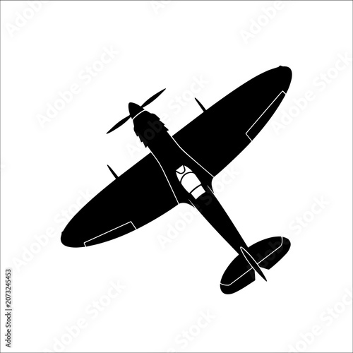 Fotografie Angled top view silhouette of vintage single-engine fighter propeller aircraft