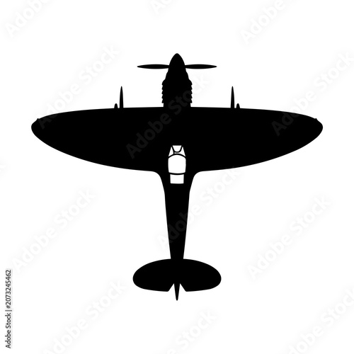 Obraz na płótnie Top down view silhouette of vintage single-engine fighter propeller airplane
