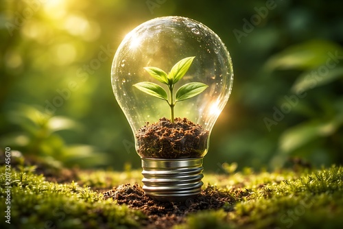 Young green plant growing in soil inside glass light bulb