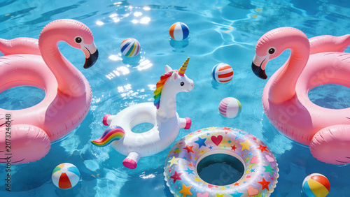 Pink flamingo and unicorn pool floats in clear blue swimming pool water