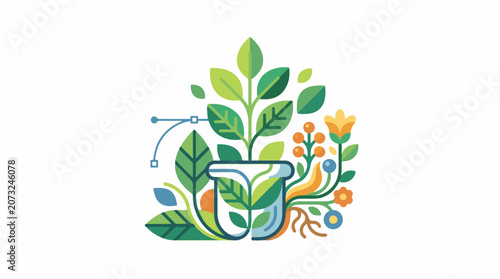 A colorful illustration of a plant growing out of a beaker surrounded by leaves and flowers