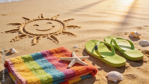 Smiling sun drawn in sand with colorful towel and flip flops on beach