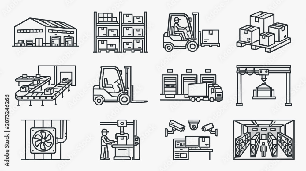 Fototapeta premium Creative Black and White Line Set of Warehouse and Logistics Equipment and Operations with high quality professional line art symbols for modern creative design and digital branding projects