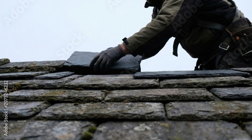 Professional Roofer Installing Traditional Natural Slate Tiles on a House Roof with Safety Equipment