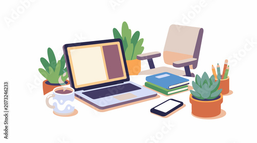 A colorful illustration of a laptop surrounded by plants books and office supplies