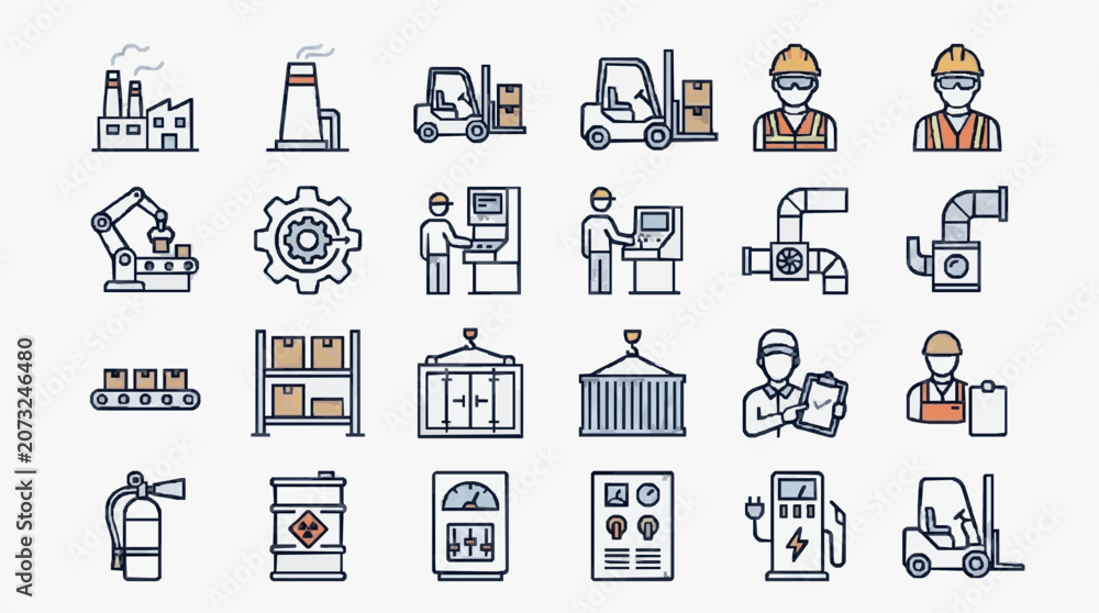 Fototapeta premium Professional Icons Set of Industrial Manufacturing Warehouse Safety and Logistics Equipment in Minimalist Style