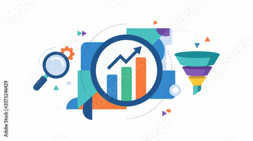 A colorful graphic illustration of a magnifying glass over a bar graph surrounded by various shapes