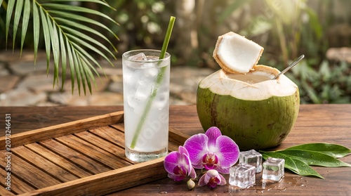 Cold coconut water in glass with fresh coconut and orchids on wooden table