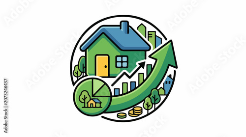 A colorful graphic illustration of a house with a blue roof and green walls surrounded by trees and a large green arrow
