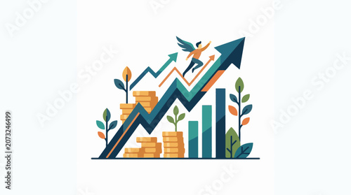 A colorful graphic depicting a person jumping on an upward-trending arrow with coins