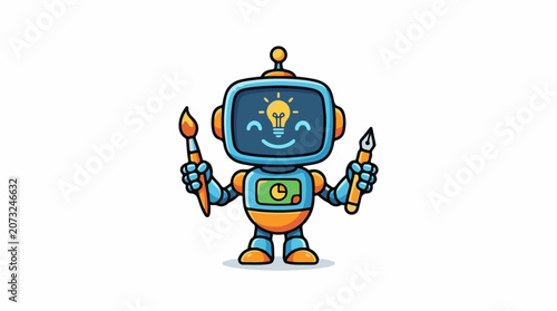 A cheerful robot with a lightbulb on its screen holding paintbrush and tool