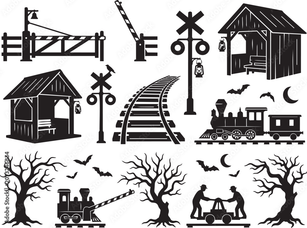 Fototapeta premium Premium Halloween Forest Railway Crossing Collection Featuring Signal Gates Rustic Tracks And Woodland Atmosphere