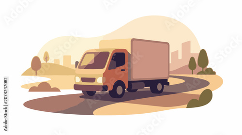 A cartoon delivery truck drives on a winding road through a suburban landscape