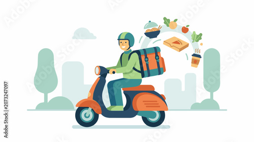 A cartoon delivery person riding an orange scooter with food