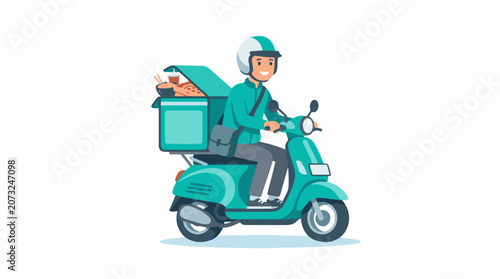 A cartoon delivery person riding a teal scooter with food