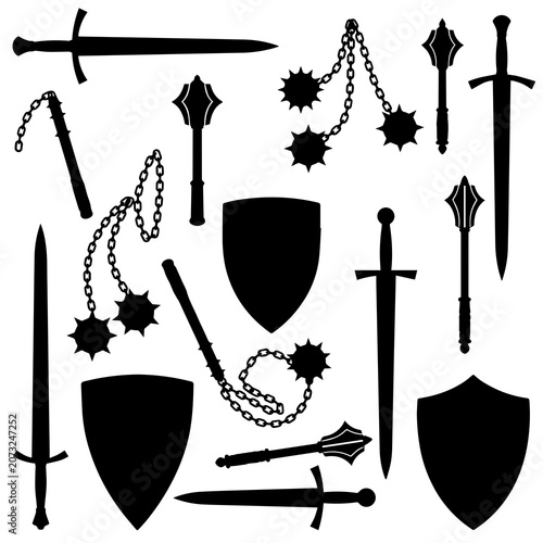 Foto Medieval weapon and shield collection set with swords maces and flails, medieval