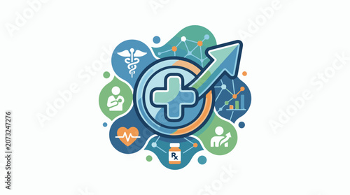 A blue and green infographic featuring a large plus sign and various medical symbols