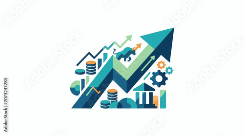 A blue and green graphic depicting an upward trend in business and finance with various symbols