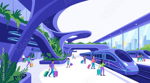 Futuristic Eco-Friendly Train Station with High-Speed Maglev Trains and Diverse Travelers in a Sustainable Urban Transport Hub