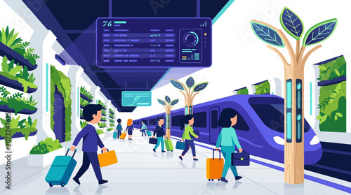 Eco-friendly futuristic train station with green walls and passengers