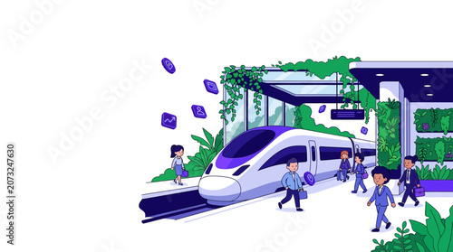 Eco-Friendly High-Speed Train Station Illustration with Business Professionals