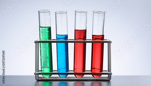 four test tubes in a rack filled with blue red and green liquids against a white background