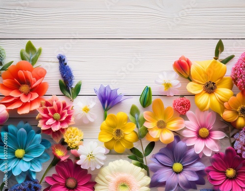 spring flowers colorful flowers on white wooden background flat lay top view copy space