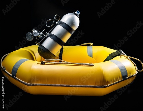 bright yellow inflatable life raft with air tank isolated against black